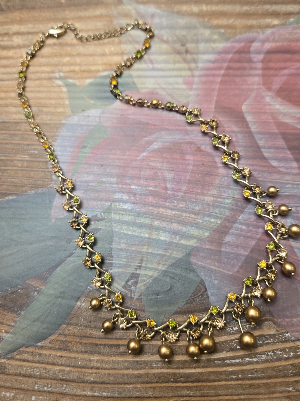 Gold-Tone Necklace with Green and Yellow Stones